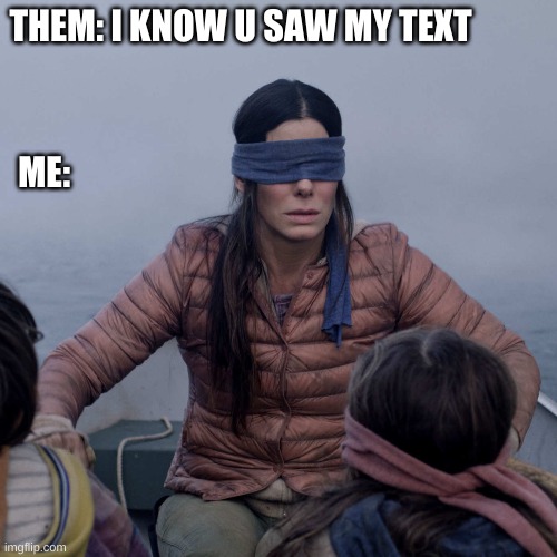 saw my text | THEM: I KNOW U SAW MY TEXT; ME: | image tagged in memes,bird box | made w/ Imgflip meme maker