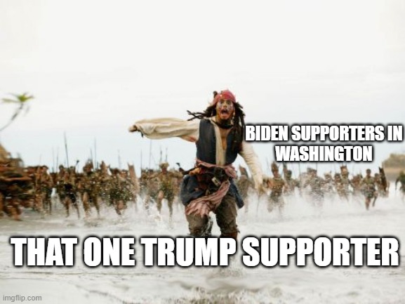 Jack Sparrow Being Chased Meme | BIDEN SUPPORTERS IN
WASHINGTON; THAT ONE TRUMP SUPPORTER | image tagged in memes,jack sparrow being chased | made w/ Imgflip meme maker