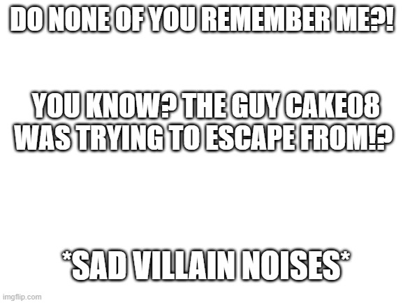 *sad* | DO NONE OF YOU REMEMBER ME?! YOU KNOW? THE GUY CAKE08 WAS TRYING TO ESCAPE FROM!? *SAD VILLAIN NOISES* | image tagged in blank white template | made w/ Imgflip meme maker