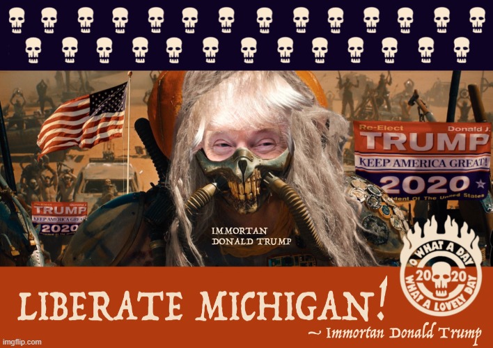 eyyyyy finally someone gets us maga | image tagged in trump-re-election-campaign-2020-mad-max-liberate-michigan,maga,trump,repost,donald trump,covid-19 | made w/ Imgflip meme maker