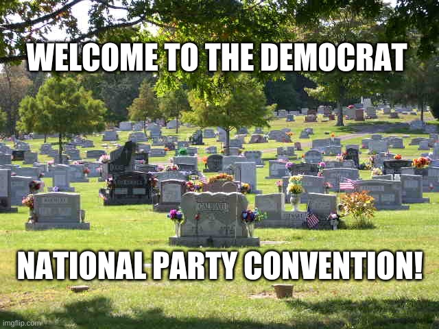 Party voters! | WELCOME TO THE DEMOCRAT; NATIONAL PARTY CONVENTION! | image tagged in cemetery,voter fraud | made w/ Imgflip meme maker