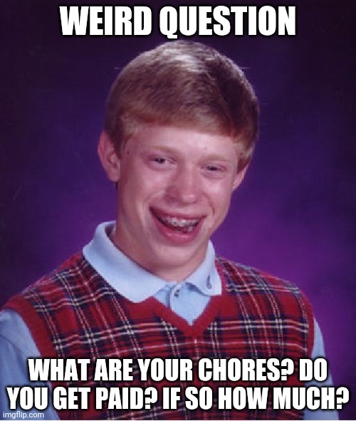 This will probably end sadly | WEIRD QUESTION; WHAT ARE YOUR CHORES? DO YOU GET PAID? IF SO HOW MUCH? | image tagged in memes,bad luck brian | made w/ Imgflip meme maker