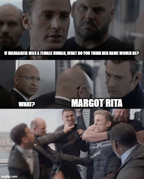 Margarita | IF MARGARITA WAS A FEMALE HUMAN, WHAT DO YOU THINK HER NAME WOULD BE? WHAT? MARGOT RITA | image tagged in captain america elevator,funny memes,memes,dank memes | made w/ Imgflip meme maker