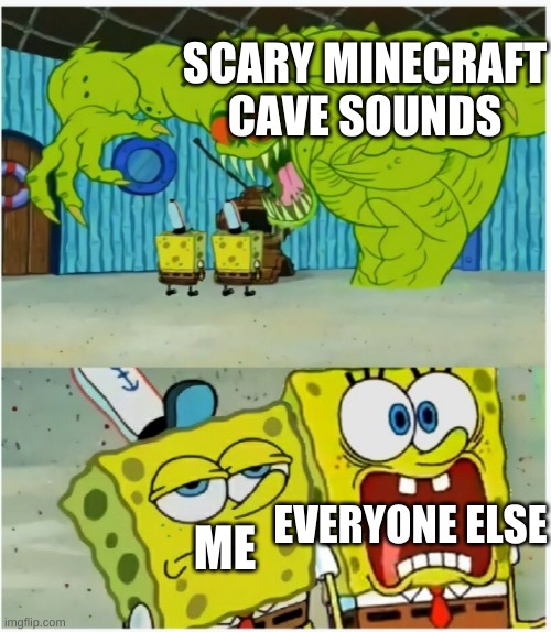 SpongeBob SquarePants scared but also not scared | SCARY MINECRAFT CAVE SOUNDS; ME; EVERYONE ELSE | image tagged in spongebob squarepants scared but also not scared | made w/ Imgflip meme maker