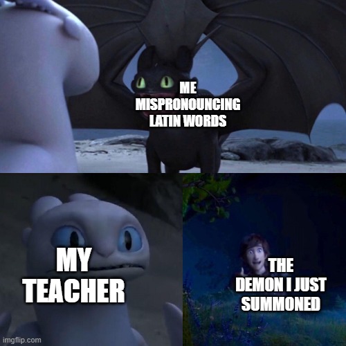 night fury | ME MISPRONOUNCING LATIN WORDS; MY TEACHER; THE DEMON I JUST SUMMONED | image tagged in night fury | made w/ Imgflip meme maker