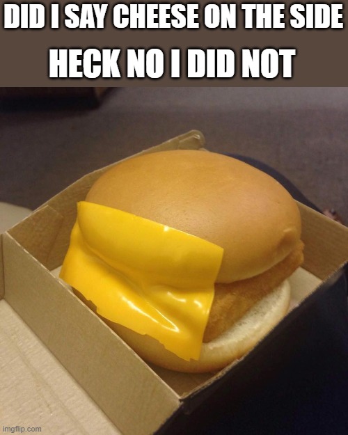 bruh i got this cheeseburger | HECK NO I DID NOT; DID I SAY CHEESE ON THE SIDE | image tagged in you had one job | made w/ Imgflip meme maker