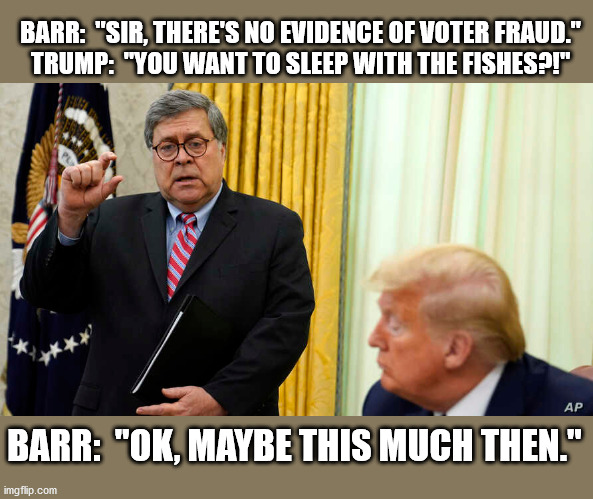 Bill Barr reports there is no evidence of voter fraud | BARR:  "SIR, THERE'S NO EVIDENCE OF VOTER FRAUD."
TRUMP:  "YOU WANT TO SLEEP WITH THE FISHES?!"; BARR:  "OK, MAYBE THIS MUCH THEN." | image tagged in president trump,bill barr,voter fraud,election 2020,maga,donald trump you're fired | made w/ Imgflip meme maker
