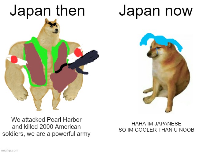 Im dissapointed in how Japan has turned out | Japan then; Japan now; We attacked Pearl Harbor and killed 2000 American soldiers, we are a powerful army; HAHA IM JAPANESE SO IM COOLER THAN U NOOB | image tagged in memes,buff doge vs cheems | made w/ Imgflip meme maker