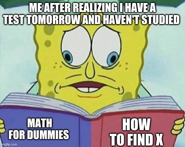my life part 3 (or something) | ME AFTER REALIZING I HAVE A TEST TOMORROW AND HAVEN'T STUDIED; HOW TO FIND X; MATH FOR DUMMIES | image tagged in test,math,school | made w/ Imgflip meme maker