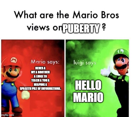 this is mario sex education all over again | PUBERTY; HERES A MY A BROTHER A LUIGI TO TEACH A YOU A HEAPING A SPAGETII PILE OF INFORMATIONA. HELLO MARIO | image tagged in mario bros views,memes | made w/ Imgflip meme maker