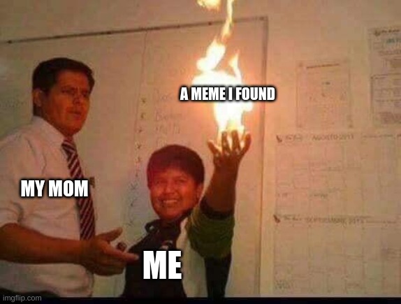 Kid Holding Fire | A MEME I FOUND; MY MOM; ME | image tagged in kid holding fire | made w/ Imgflip meme maker