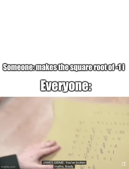 i | Someone: makes the square root of -1 i; Everyone: | image tagged in blank white template,you've broken maths brady | made w/ Imgflip meme maker