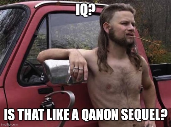 QAnon 2 the sequel | IQ? IS THAT LIKE A QANON SEQUEL? | image tagged in almost politically correct redneck red neck,donald trump,qanon,fake news,trump supporters,lies | made w/ Imgflip meme maker