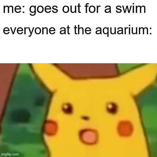 i just wanted to go for a swim :( | me: goes out for a swim; everyone at the aquarium: | image tagged in memes,surprised pikachu | made w/ Imgflip meme maker