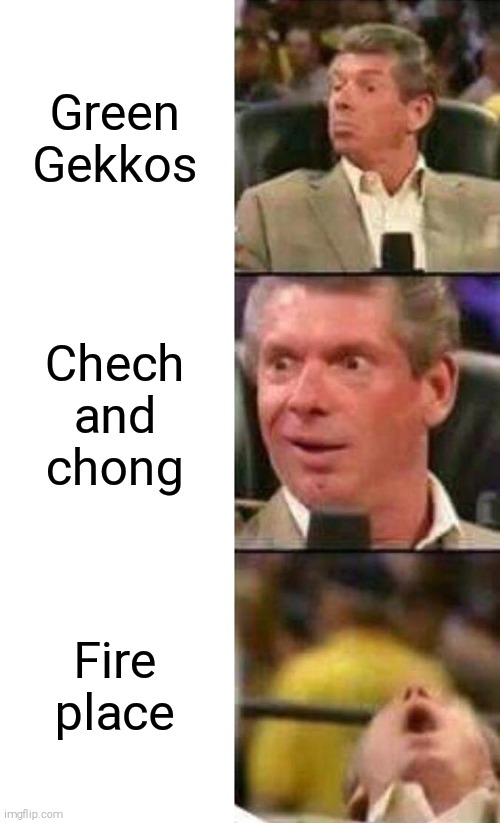 Vince McMahon  | Green Gekkos; Chech and chong; Fire place | image tagged in vince mcmahon | made w/ Imgflip meme maker