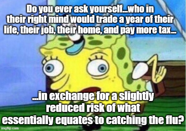 Lockdown Reality | Do you ever ask yourself...who in their right mind would trade a year of their life, their job, their home, and pay more tax... ...in exchange for a slightly reduced risk of what essentially equates to catching the flu? | image tagged in memes,mocking spongebob,covid-19,2020,lockdown | made w/ Imgflip meme maker