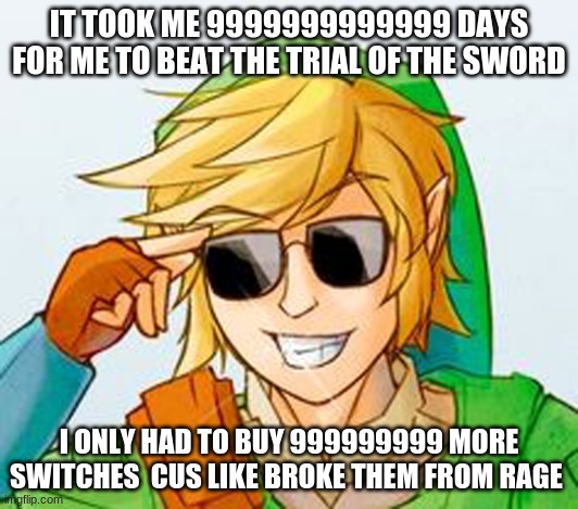 Troll Link | IT TOOK ME 9999999999999 DAYS FOR ME TO BEAT THE TRIAL OF THE SWORD; I ONLY HAD TO BUY 999999999 MORE SWITCHES  CUS LIKE BROKE THEM FROM RAGE | image tagged in troll link | made w/ Imgflip meme maker