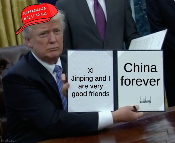 I love China | China forever; Xi Jinping and I are very good friends | image tagged in memes,trump bill signing | made w/ Imgflip meme maker