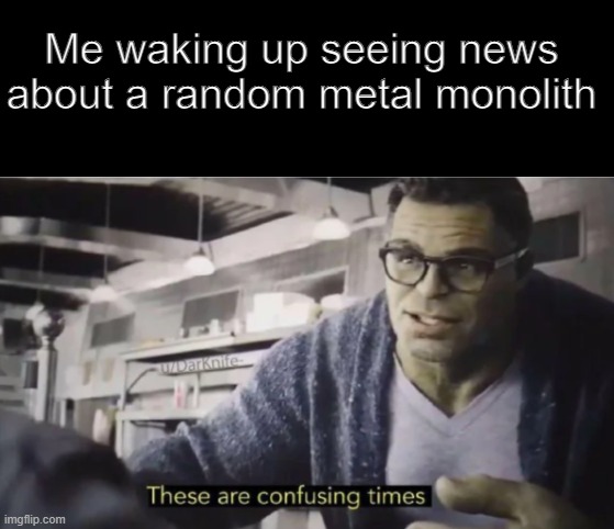 Just what... why?! | Me waking up seeing news about a random metal monolith | image tagged in these are confusing times | made w/ Imgflip meme maker