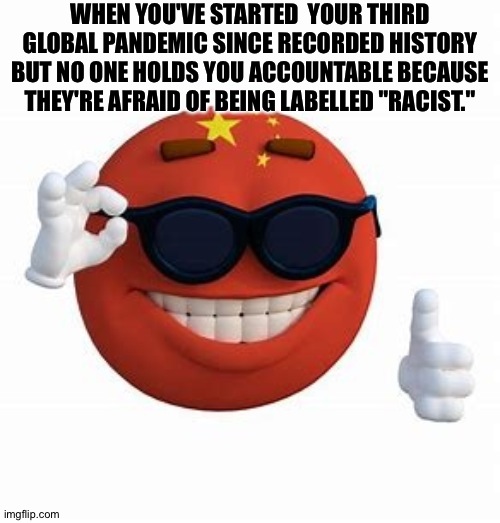 China Picardia ball | WHEN YOU'VE STARTED  YOUR THIRD GLOBAL PANDEMIC SINCE RECORDED HISTORY BUT NO ONE HOLDS YOU ACCOUNTABLE BECAUSE THEY'RE AFRAID OF BEING LABELLED "RACIST." | image tagged in china picardia ball | made w/ Imgflip meme maker