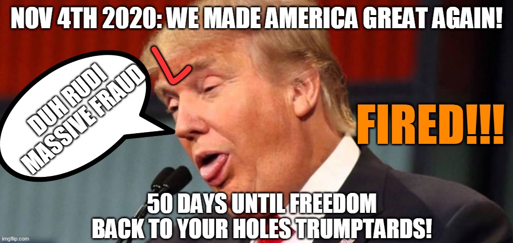 nov 4th 2020: we made america great again! | NOV 4TH 2020: WE MADE AMERICA GREAT AGAIN! L; DUH RUDI MASSIVE FRAUD; FIRED!!! 50 DAYS UNTIL FREEDOM
BACK TO YOUR HOLES TRUMPTARDS! | image tagged in trumptard | made w/ Imgflip meme maker