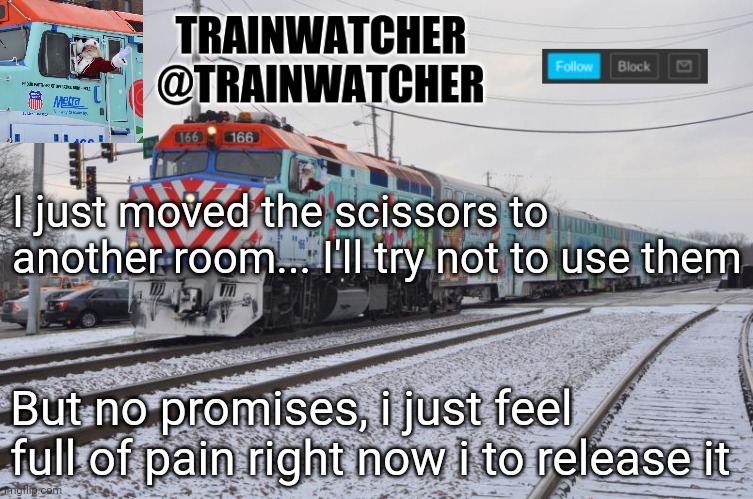 Trainwatcher Announcement 7 | I just moved the scissors to another room... I'll try not to use them; But no promises, i just feel full of pain right now i to release it | image tagged in trainwatcher announcement 7 | made w/ Imgflip meme maker