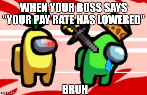 Death | WHEN YOUR BOSS SAYS “YOUR PAY RATE HAS LOWERED”; BRUH | image tagged in among us stab | made w/ Imgflip meme maker