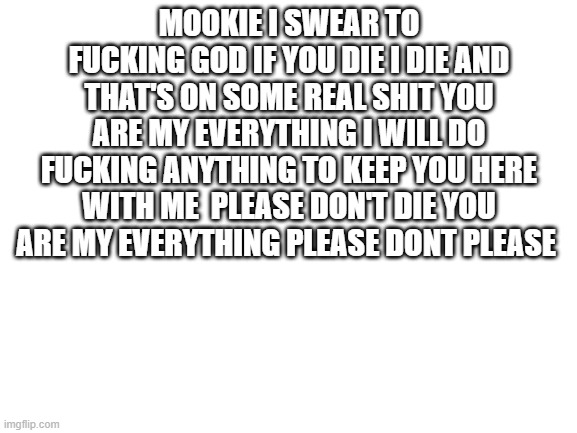 Blank White Template | MOOKIE I SWEAR TO FUCKING GOD IF YOU DIE I DIE AND THAT'S ON SOME REAL SHIT YOU ARE MY EVERYTHING I WILL DO FUCKING ANYTHING TO KEEP YOU HERE WITH ME  PLEASE DON'T DIE YOU ARE MY EVERYTHING PLEASE DONT PLEASE | image tagged in blank white template | made w/ Imgflip meme maker