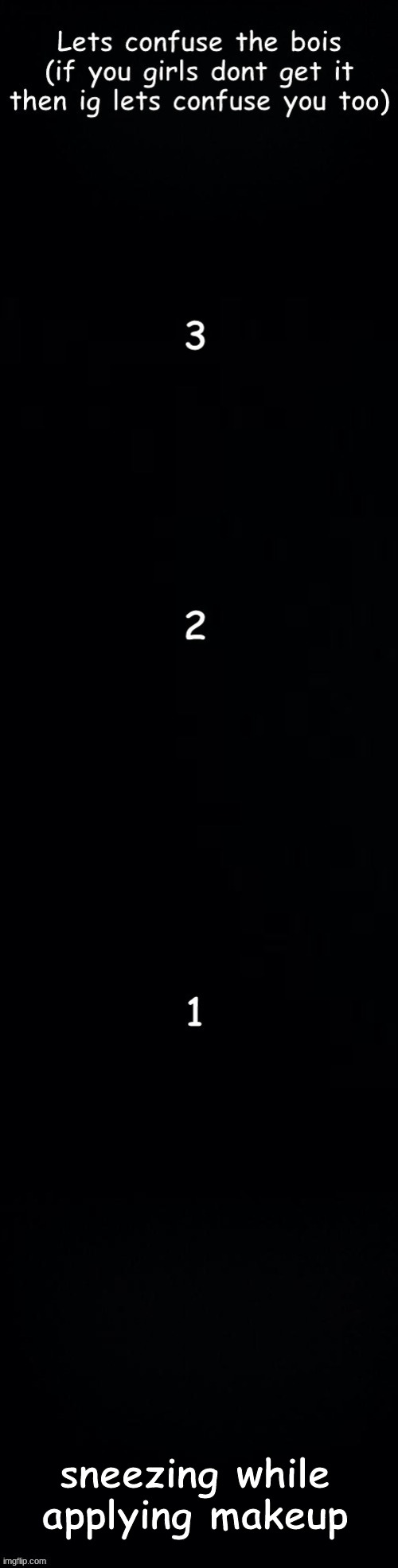 Lets confuse the bois | sneezing while applying makeup | image tagged in lets confuse the bois | made w/ Imgflip meme maker