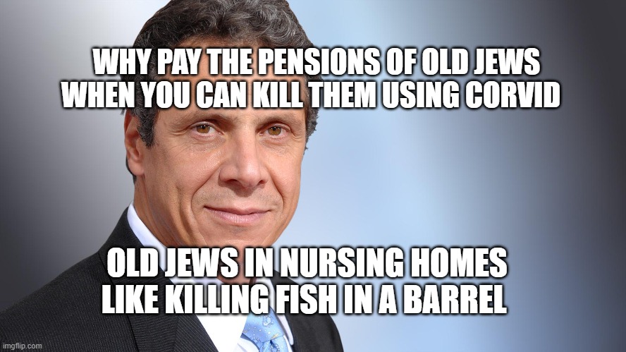 Andrew Cuomo | WHY PAY THE PENSIONS OF OLD JEWS WHEN YOU CAN KILL THEM USING CORVID; OLD JEWS IN NURSING HOMES LIKE KILLING FISH IN A BARREL | image tagged in andrew cuomo | made w/ Imgflip meme maker