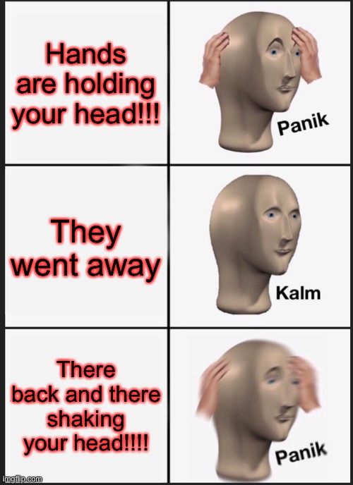 Useless meme #3 | Hands are holding your head!!! They went away; There back and there shaking your head!!!! | image tagged in memes,panik kalm panik | made w/ Imgflip meme maker