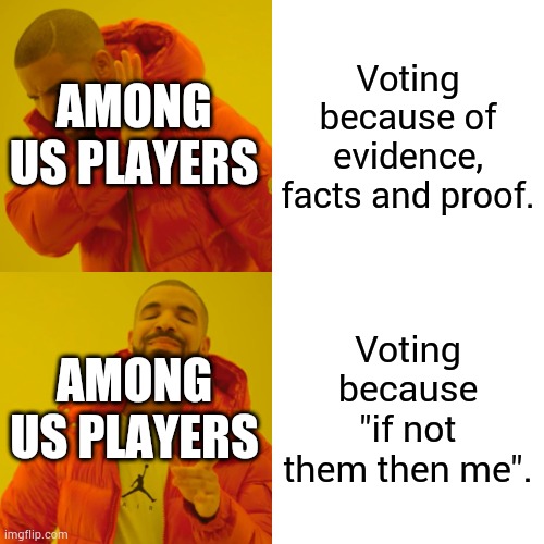 Drake Hotline Bling | AMONG US PLAYERS; Voting because of evidence, facts and proof. AMONG US PLAYERS; Voting because "if not them then me". | image tagged in memes,drake hotline bling | made w/ Imgflip meme maker