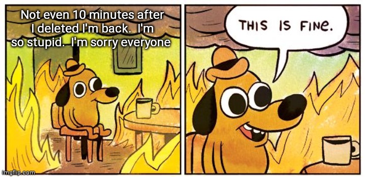 Yes it's me | Not even 10 minutes after I deleted I'm back.  I'm so stupid.  I'm sorry everyone | image tagged in memes,this is fine | made w/ Imgflip meme maker