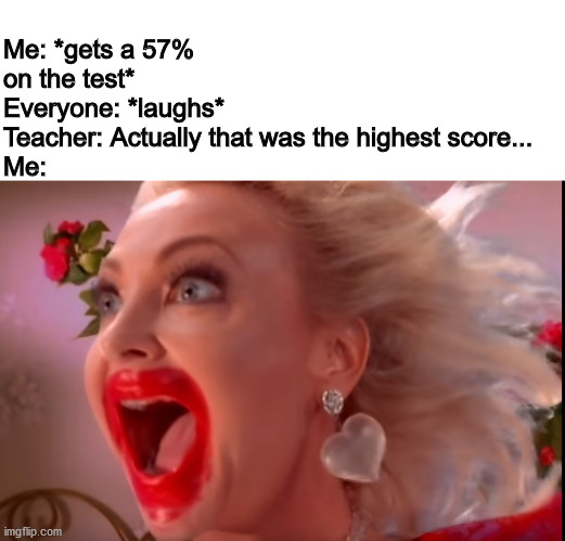 Me: *gets a 57% on the test*
Everyone: *laughs*
Teacher: Actually that was the highest score...
Me: | image tagged in DankExchange | made w/ Imgflip meme maker