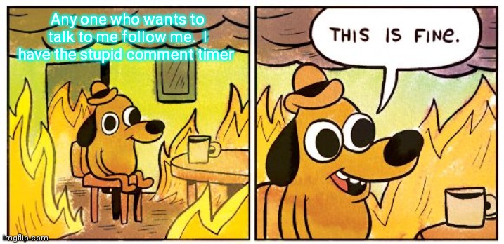 This Is Fine | Any one who wants to talk to me follow me.  I have the stupid comment timer | image tagged in memes,this is fine | made w/ Imgflip meme maker