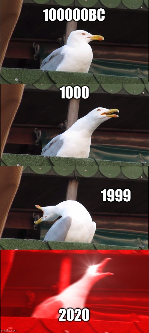 Inhaling Seagull Meme | 100000BC; 1000; 1999; 2020 | image tagged in memes,inhaling seagull | made w/ Imgflip meme maker