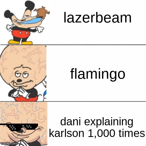 Expanding Brain Mokey | lazerbeam; flamingo; dani explaining karlson 1,000 times | image tagged in expanding brain mokey | made w/ Imgflip meme maker