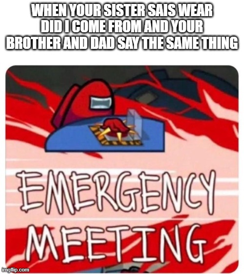 Emergency Meeting Among Us | WHEN YOUR SISTER SAIS WEAR DID I COME FROM AND YOUR BROTHER AND DAD SAY THE SAME THING | image tagged in emergency meeting among us | made w/ Imgflip meme maker