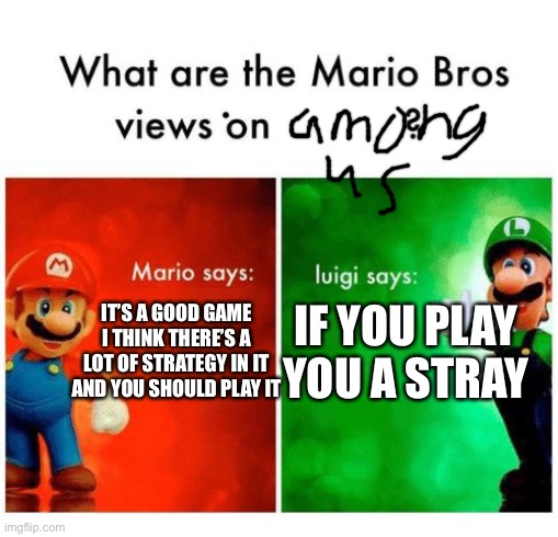 Mario says Luigi says | IF YOU PLAY YOU A STRAY; IT’S A GOOD GAME I THINK THERE’S A LOT OF STRATEGY IN IT AND YOU SHOULD PLAY IT | image tagged in mario says luigi says | made w/ Imgflip meme maker