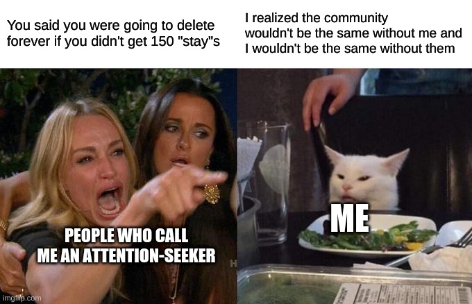 Woman Yelling At Cat | You said you were going to delete forever if you didn't get 150 "stay"s; I realized the community wouldn't be the same without me and I wouldn't be the same without them; ME; PEOPLE WHO CALL ME AN ATTENTION-SEEKER | image tagged in memes,woman yelling at cat | made w/ Imgflip meme maker
