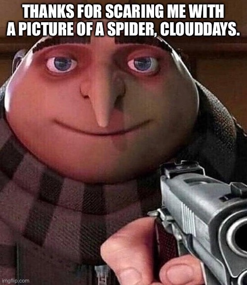 Gru holding a gun | THANKS FOR SCARING ME WITH A PICTURE OF A SPIDER, CLOUDDAYS. | image tagged in gru holding a gun | made w/ Imgflip meme maker