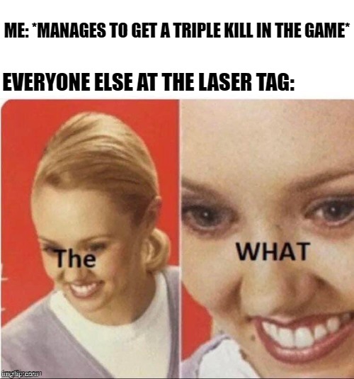 An honest mistake. (the what? meme) | ME: *MANAGES TO GET A TRIPLE KILL IN THE GAME*; EVERYONE ELSE AT THE LASER TAG: | image tagged in the what | made w/ Imgflip meme maker