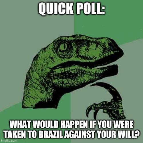 YOU'RE GOING TO BRAZIL AND I MADE A QUESTION ABOUT IT | QUICK POLL:; WHAT WOULD HAPPEN IF YOU WERE TAKEN TO BRAZIL AGAINST YOUR WILL? | image tagged in memes,philosoraptor,polls | made w/ Imgflip meme maker