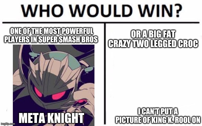 Who Would Win? | ONE OF THE MOST POWERFUL PLAYERS IN SUPER SMASH BROS; OR A BIG FAT CRAZY TWO LEGGED CROC; I CAN'T PUT A PICTURE OF KING K. ROOL ON; META KNIGHT | image tagged in memes,who would win | made w/ Imgflip meme maker