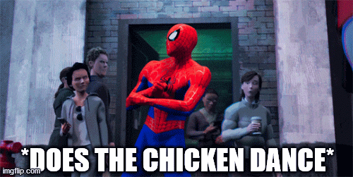 *chicken dance music plays* | *DOES THE CHICKEN DANCE* | image tagged in gifs,marvel,spiderman,dance,funny | made w/ Imgflip images-to-gif maker