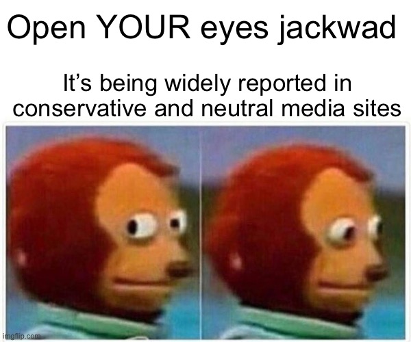 Monkey Puppet Meme | Open YOUR eyes jackwad It’s being widely reported in conservative and neutral media sites | image tagged in memes,monkey puppet | made w/ Imgflip meme maker