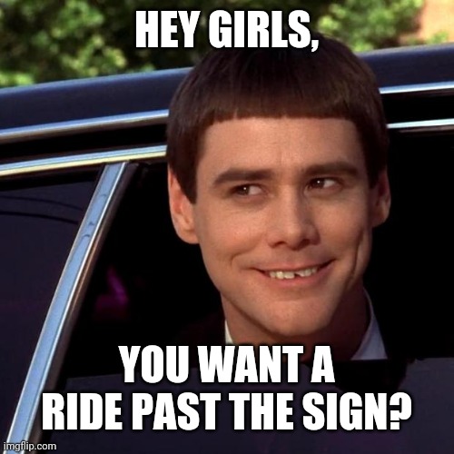 Dumb and Dumber | HEY GIRLS, YOU WANT A RIDE PAST THE SIGN? | image tagged in dumb and dumber | made w/ Imgflip meme maker