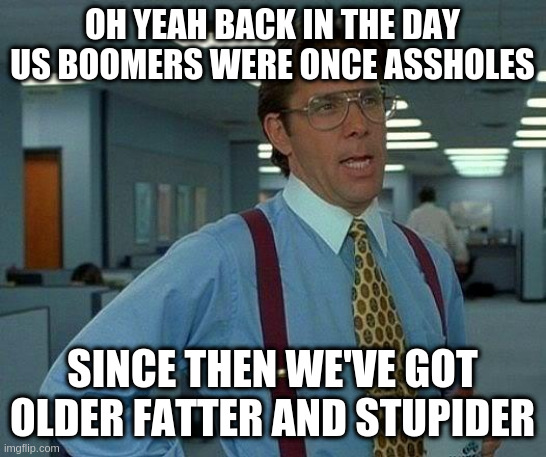 pure honesty | OH YEAH BACK IN THE DAY US BOOMERS WERE ONCE ASSHOLES; SINCE THEN WE'VE GOT OLDER FATTER AND STUPIDER | image tagged in memes,that would be great | made w/ Imgflip meme maker