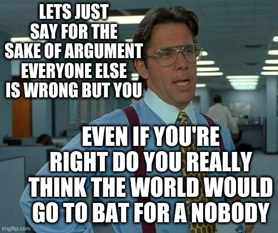 That Would Be Great | LETS JUST SAY FOR THE SAKE OF ARGUMENT EVERYONE ELSE IS WRONG BUT YOU; EVEN IF YOU'RE RIGHT DO YOU REALLY THINK THE WORLD WOULD GO TO BAT FOR A NOBODY | image tagged in memes,that would be great | made w/ Imgflip meme maker