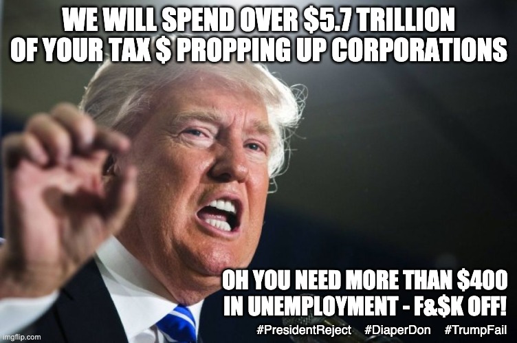 Your tax $ belongs to "us", not you . . . | WE WILL SPEND OVER $5.7 TRILLION OF YOUR TAX $ PROPPING UP CORPORATIONS; OH YOU NEED MORE THAN $400 IN UNEMPLOYMENT - F&$K OFF! #PresidentReject    #DiaperDon    #TrumpFail | image tagged in donald trump,republicans,corruption,loser,covid,pandemic | made w/ Imgflip meme maker